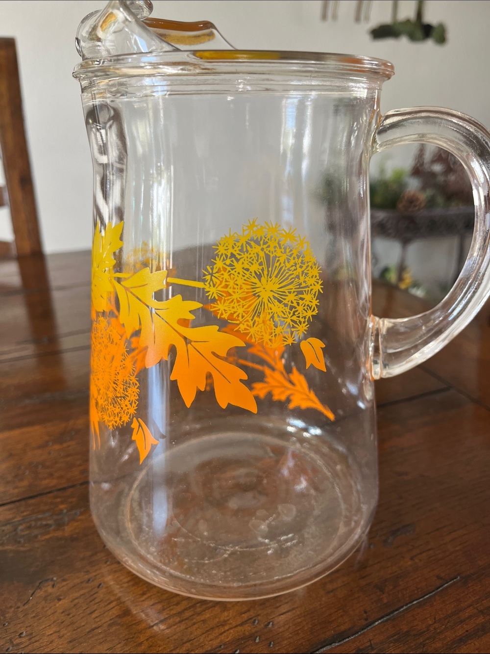 Vintage Clear Glass Pitcher with Orange Floral Motif